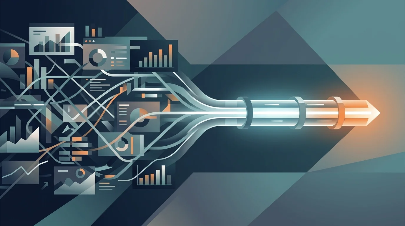 Abstract representation of manual data reporting transforming into an automated publishing pipeline.