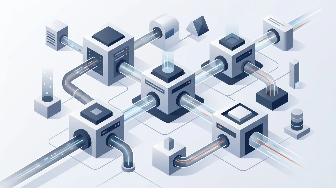 Abstract 3D illustration representing an autonomous SEO content publishing pipeline