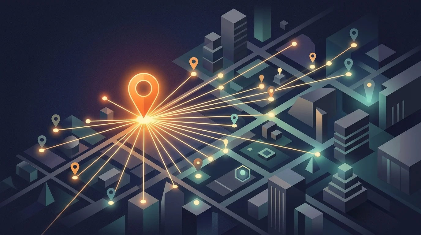 Abstract 3D visualization showing a central map pin connecting to multiple location nodes across a digital city grid, representing local SEO scaling.