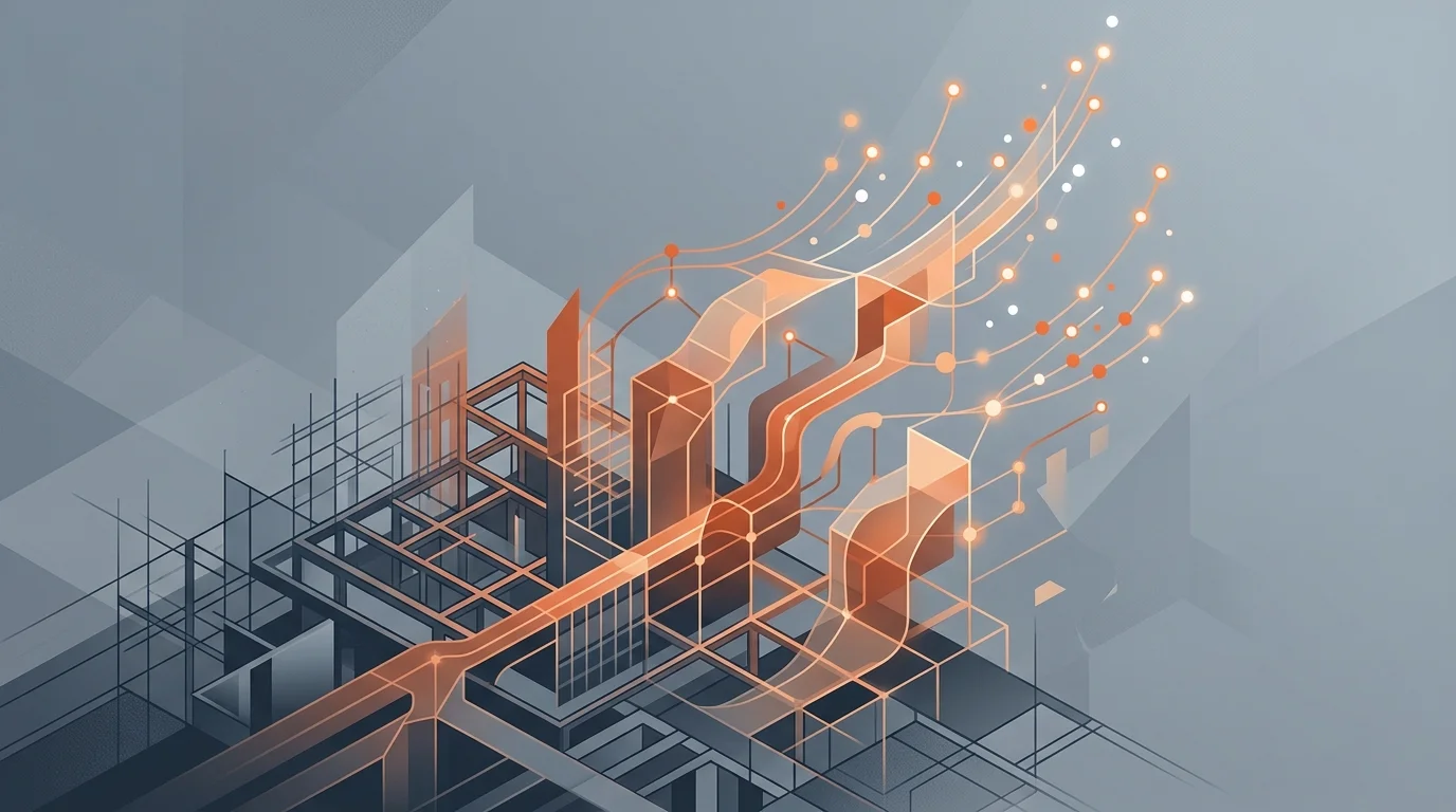 Abstract architectural blueprint transforming into glowing nodes