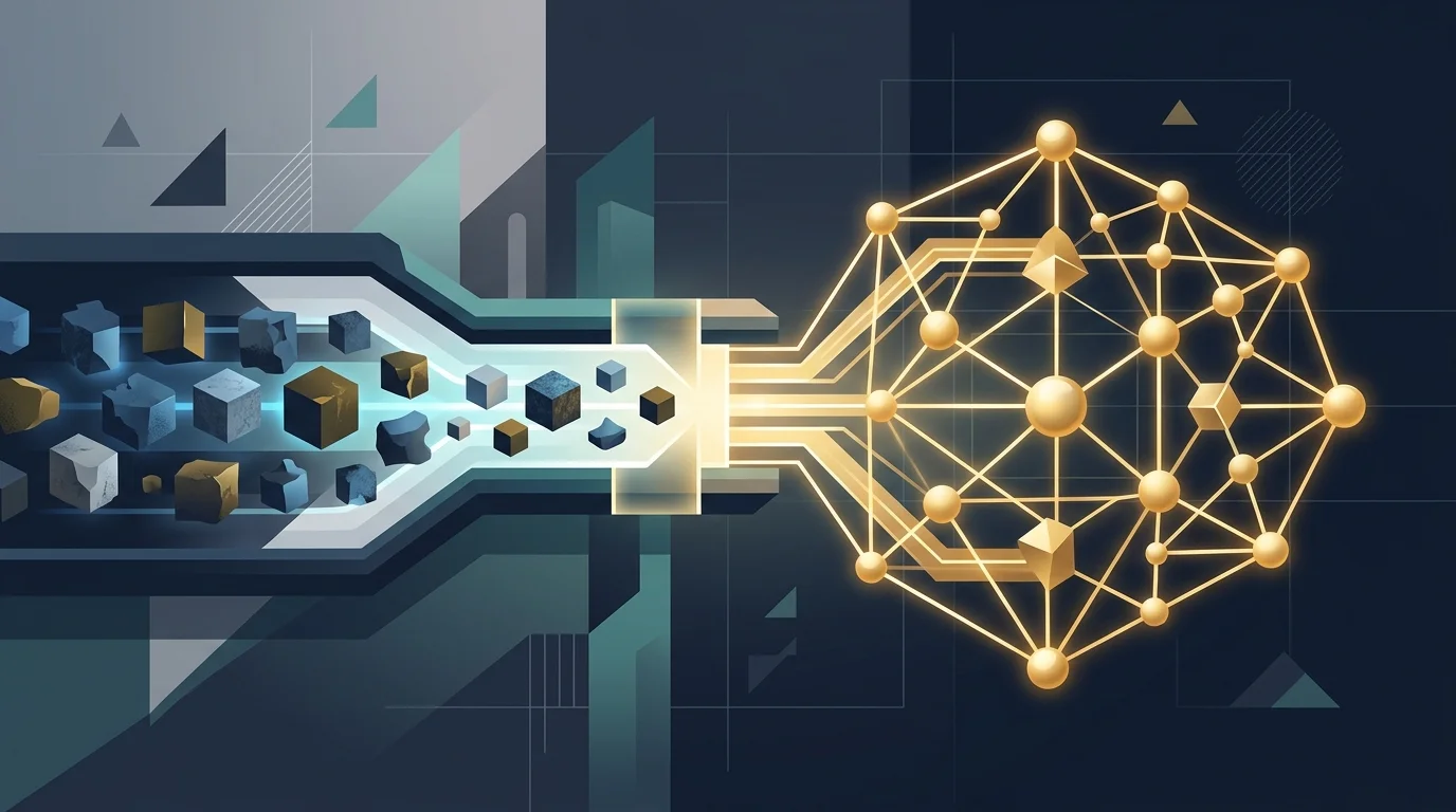 Abstract 3D visualization of an autonomous digital pipeline processing data into interconnected nodes