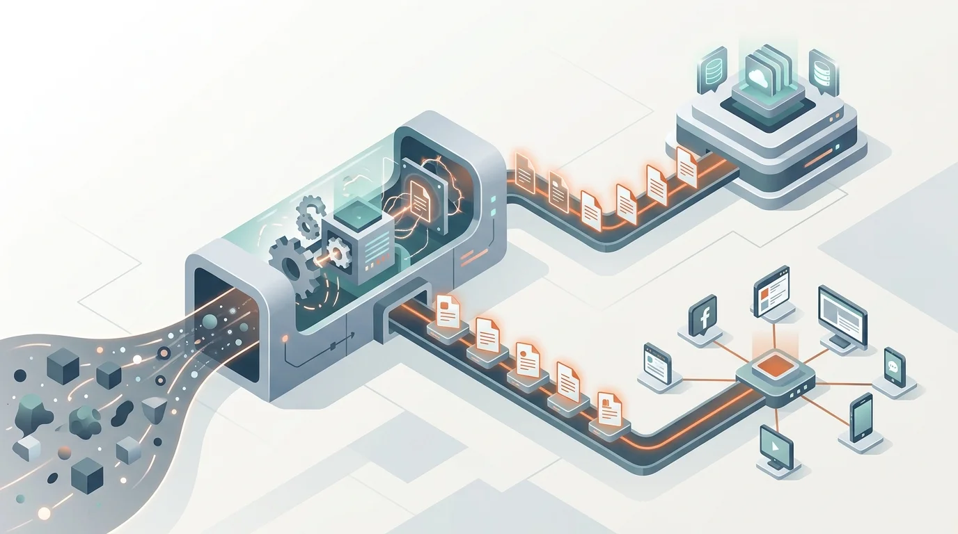 Abstract 3D digital pipeline showing dual-channel content distribution to Google and AI engines