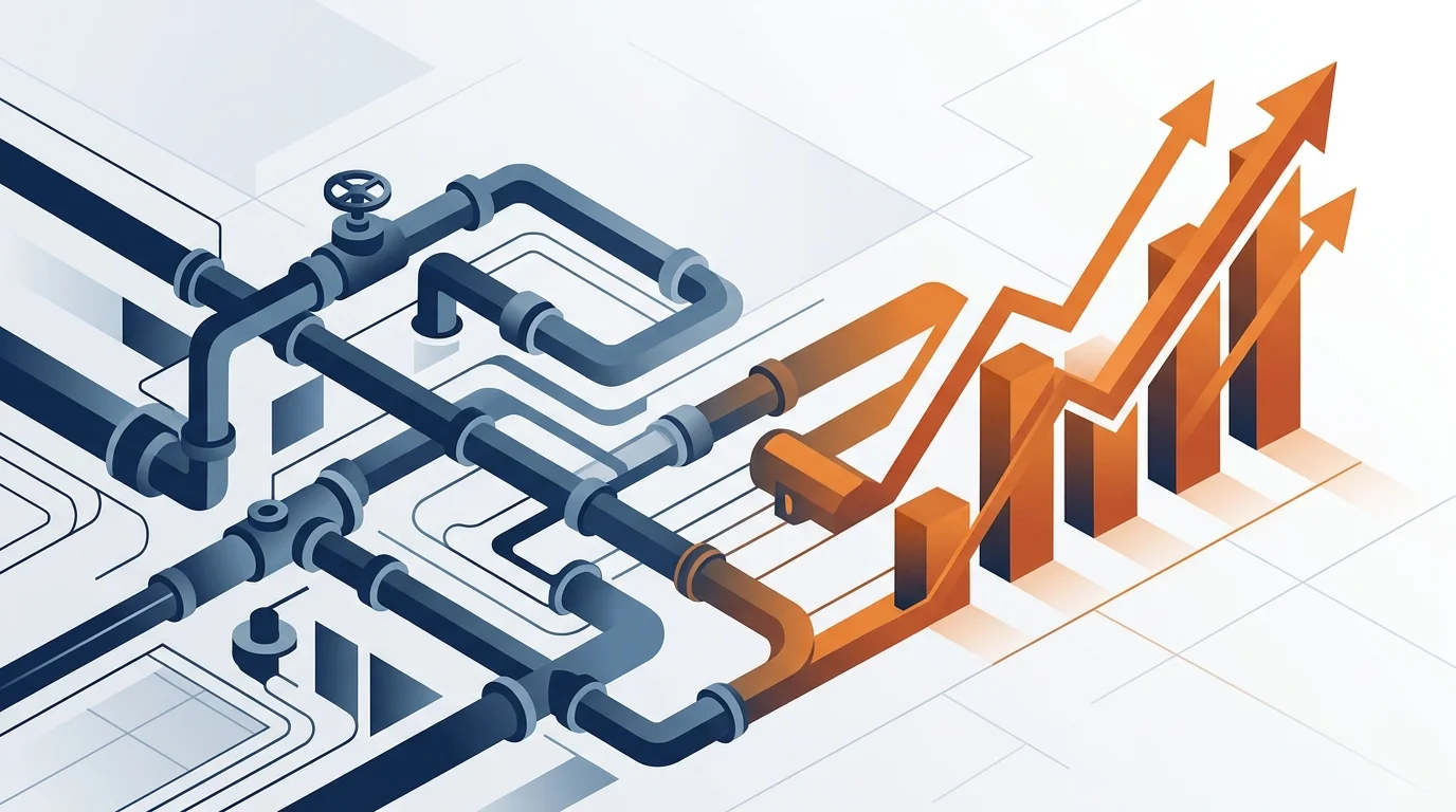 3D isometric illustration of plumbing pipes turning into an upward growth graph