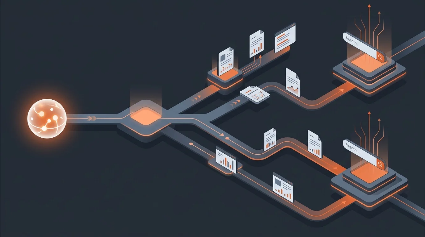Abstract digital pipeline illustrating autonomous SEO content generation and distribution