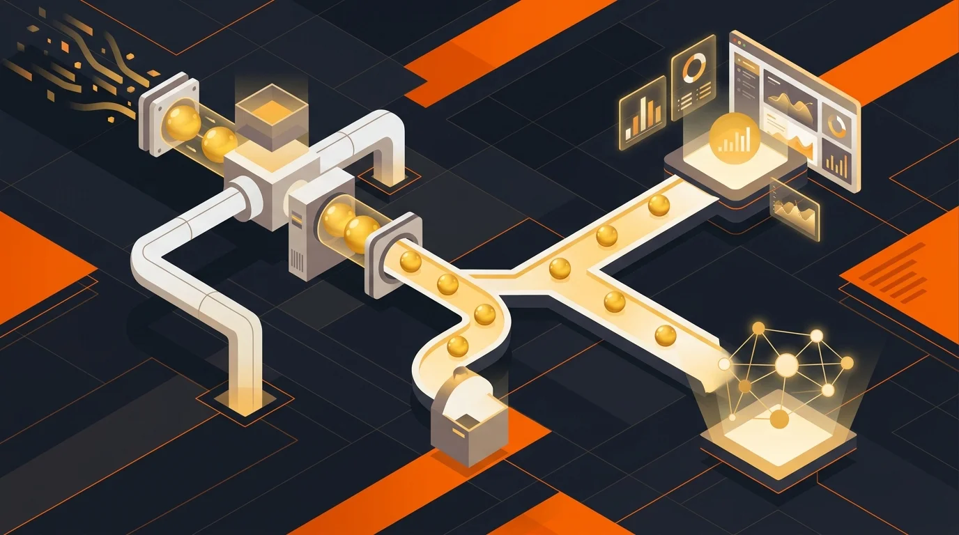 Abstract representation of an automated data pipeline distributing optimized outputs into two channels.
