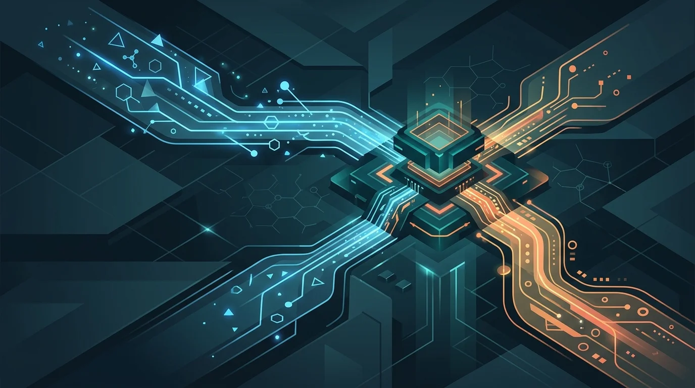 Abstract digital paths converging into a central hub, representing a strategic comparison