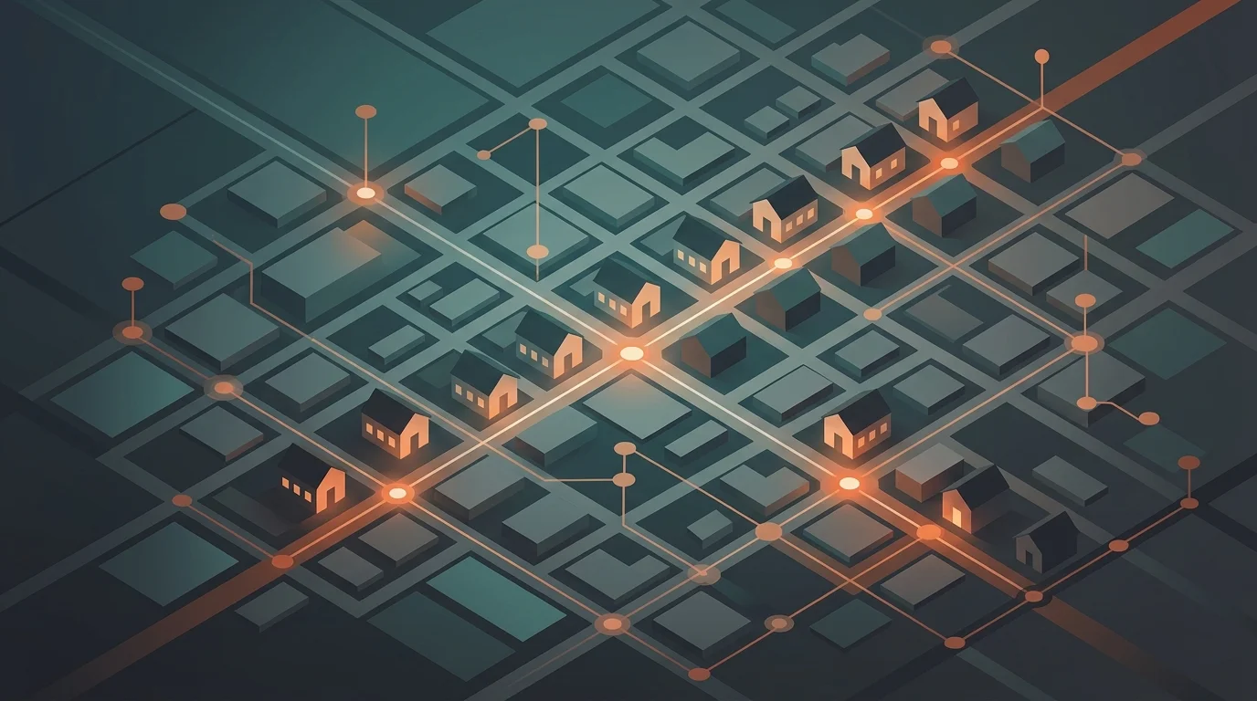 Abstract 3D visualization of an automated real estate SEO network lighting up local neighborhood nodes