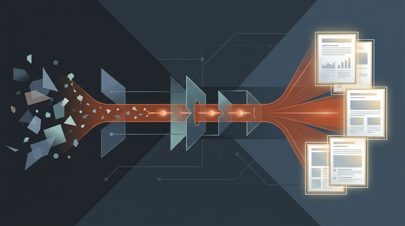 Abstract representation of an automated SEO content publishing pipeline