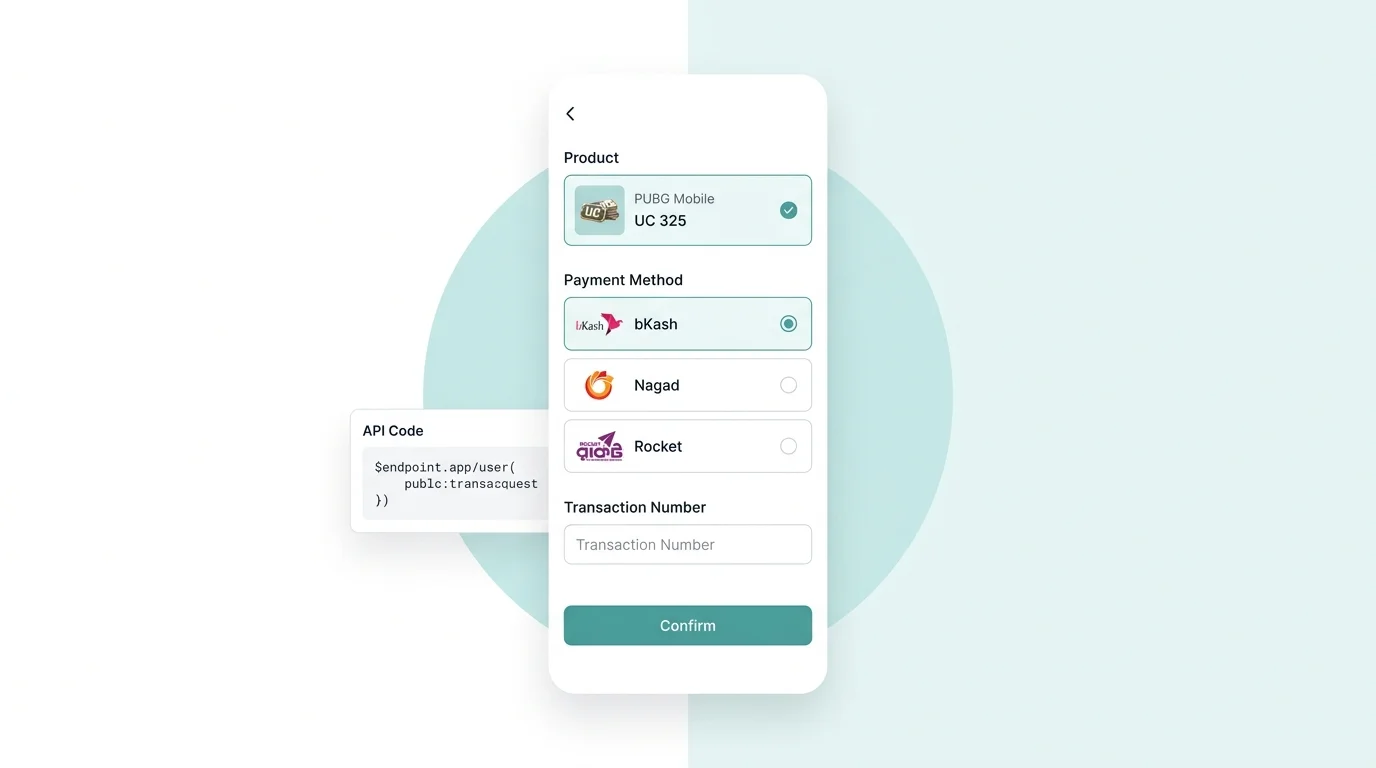 AroraShop payment flow screen showing bKash, Nagad, and Rocket options with a transaction number input field