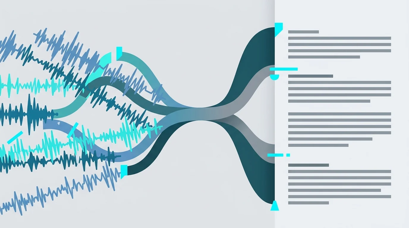Abstract illustration of sound waves converting into structured text