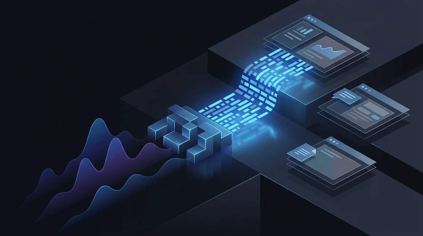 Conceptual illustration of sound waves transforming into digital text.