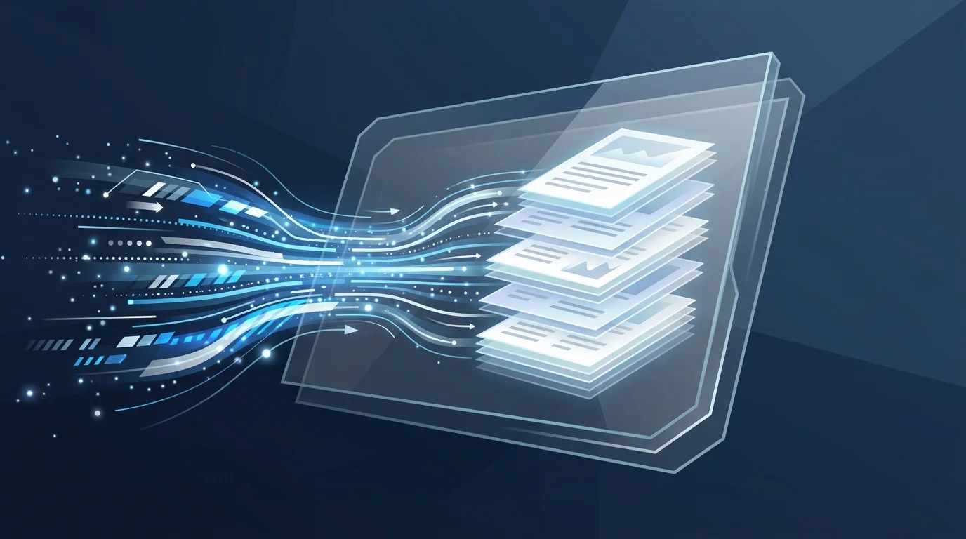 3D visualization of data streams turning into structured digital text