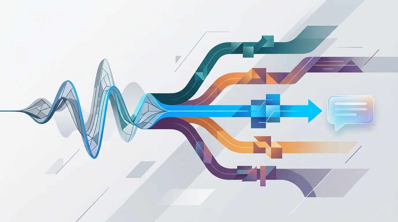 Abstract visualization of transcription workflows branching into different specific outputs