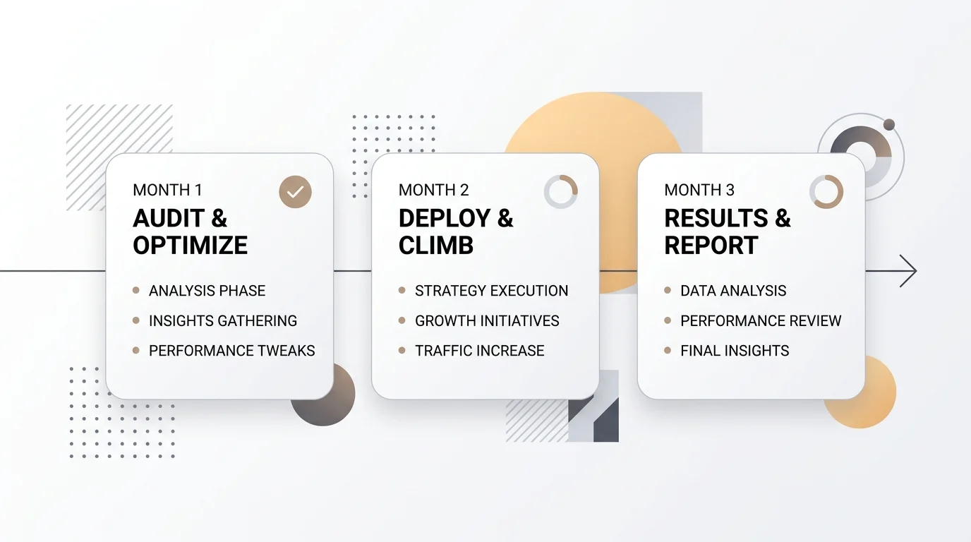 90-day restaurant visibility program timeline showing audit, deploy, and results phases