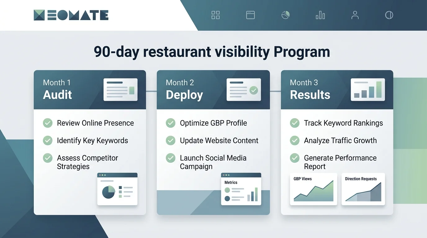 90-day local visibility program dashboard showing audit, deploy, and results phases for restaurant groups