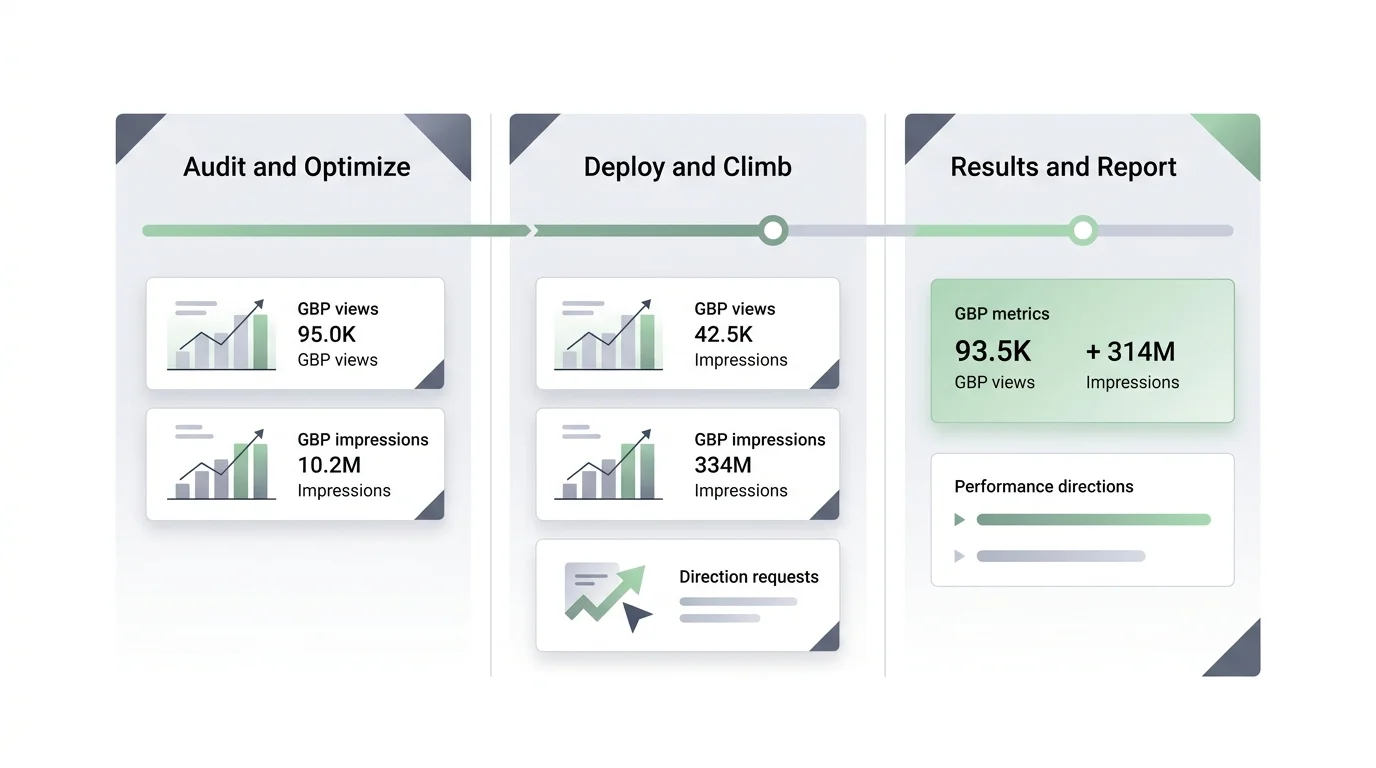 90-day restaurant local visibility program timeline showing GBP optimization phases and result metrics