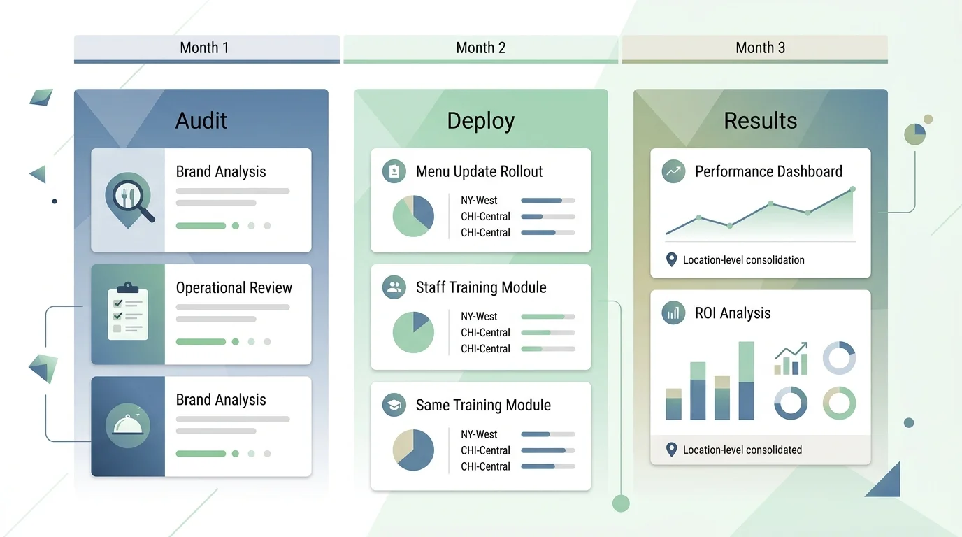 90-day restaurant group visibility program timeline screen