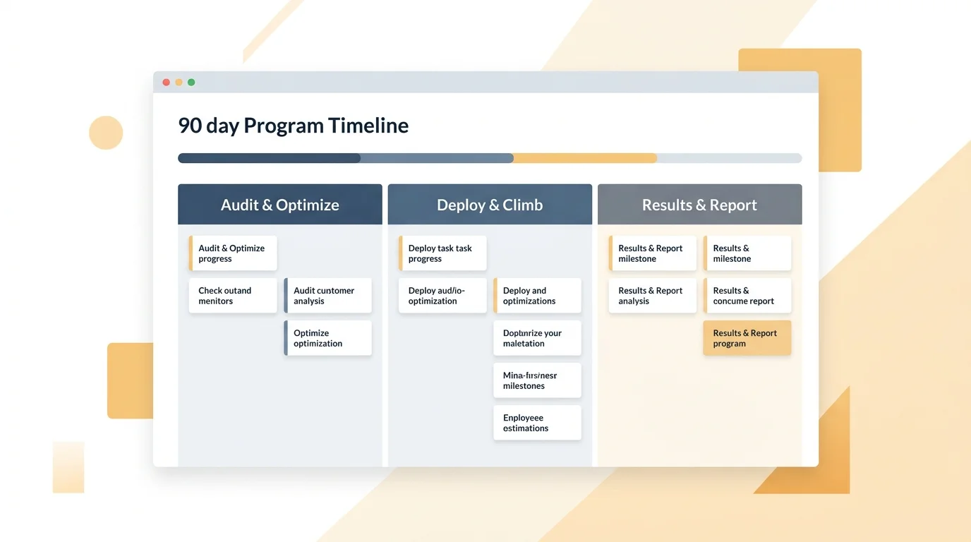 90-day hotel restaurant visibility program timeline with three phases shown in a flat card layout