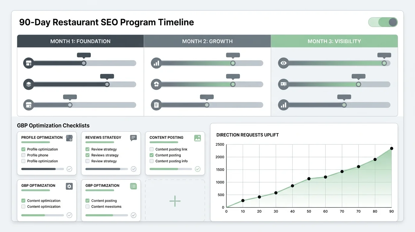 90-day local search optimization dashboard for a restaurant group showing GBP cards and ranking progress