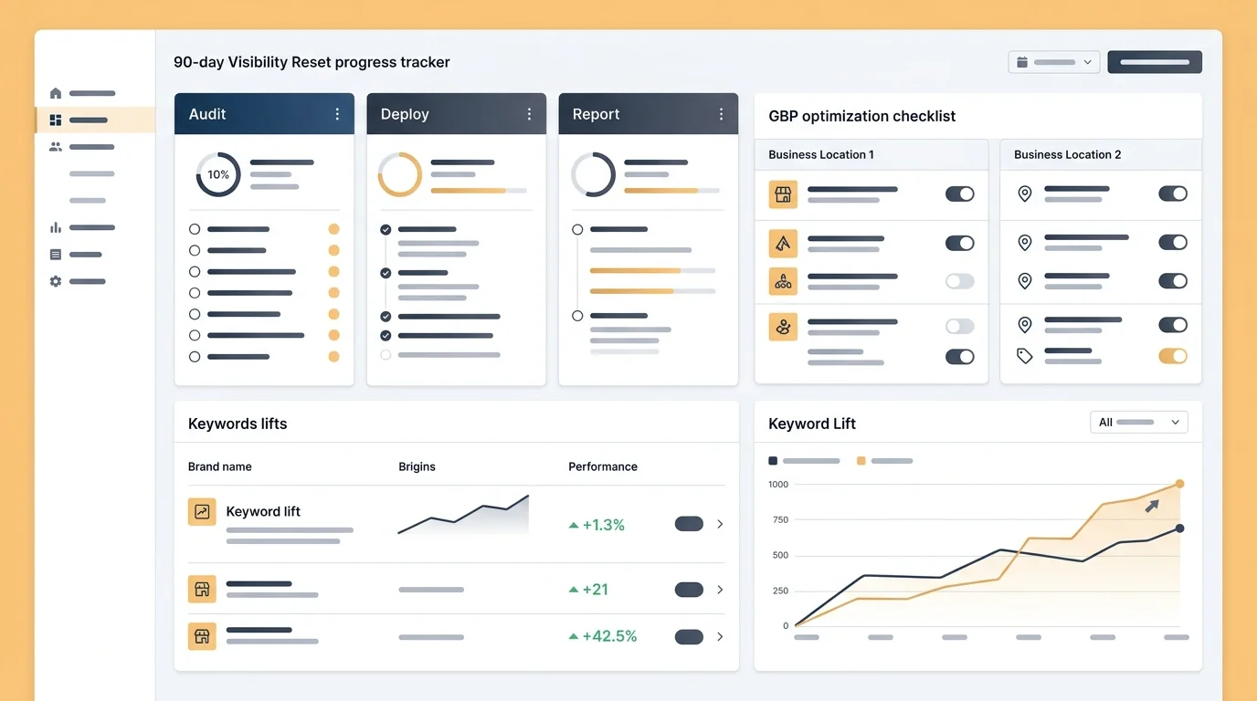 90-day restaurant Google visibility program dashboard showing GBP optimization progress across multiple locations