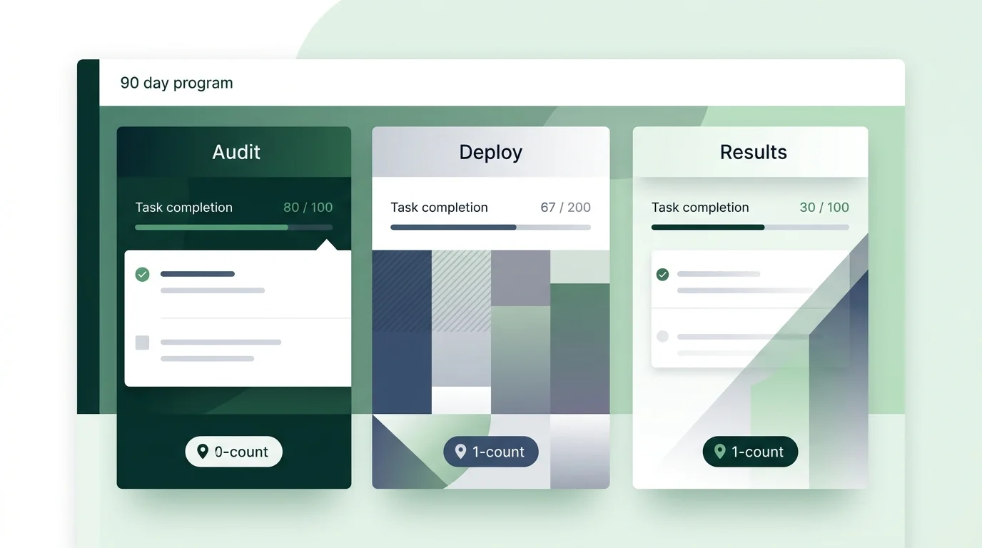 90-day restaurant visibility program timeline with per-location task status