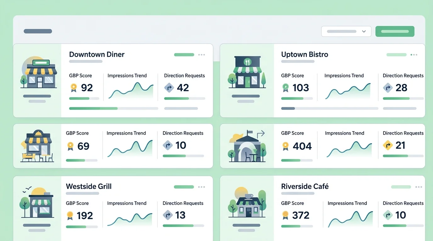 multi-location restaurant marketing dashboard showing Google visibility metrics per location