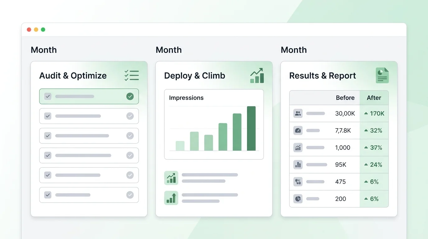 three-phase restaurant local SEO program tracker showing audit, deploy, and results stages