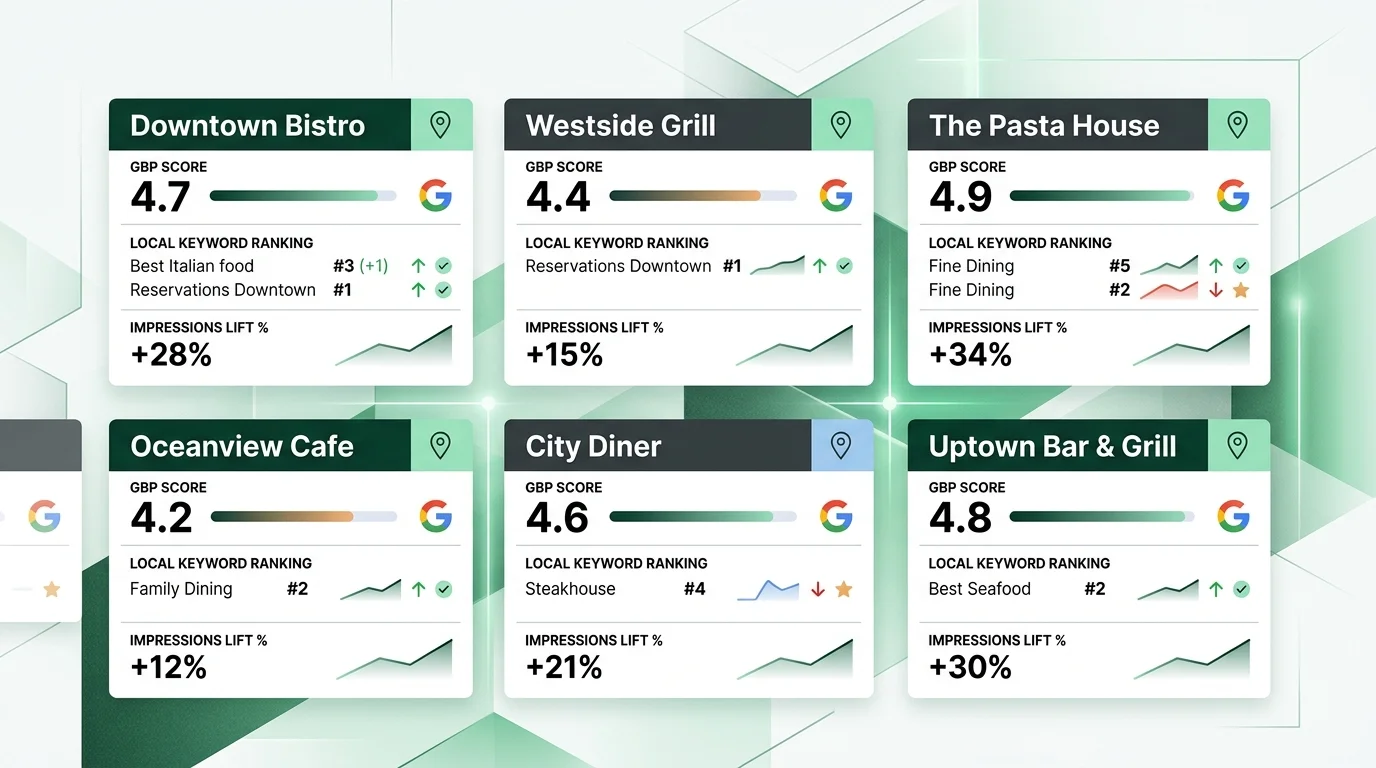 local SEO dashboard for restaurant groups showing GBP scores and ranking lifts