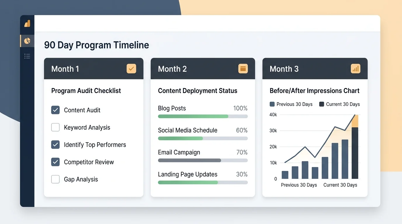 90-day local SEO program timeline showing audit, content deployment, and results report phases