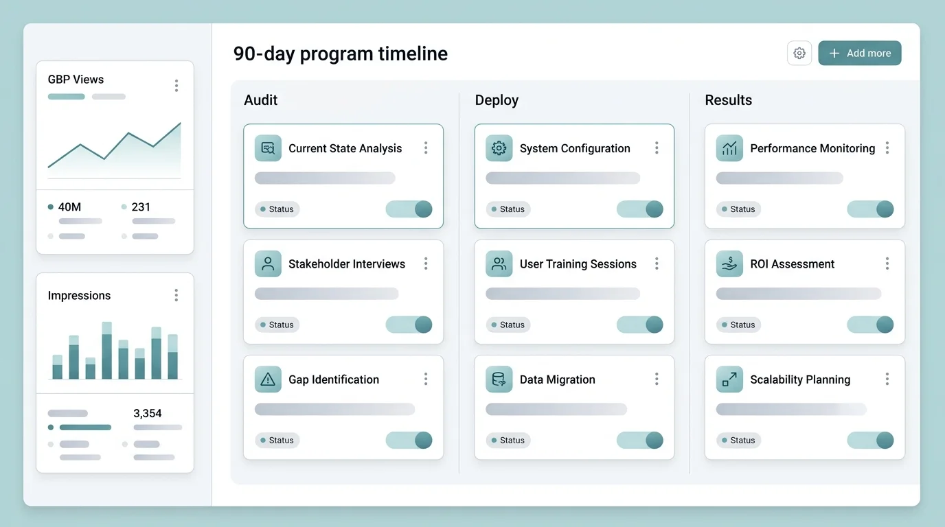 90-day restaurant local visibility program timeline with GBP metrics panel