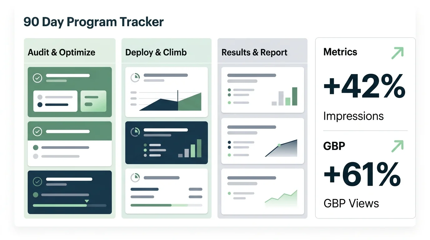 90-day local visibility program tracker showing GBP optimization phases and results metrics
