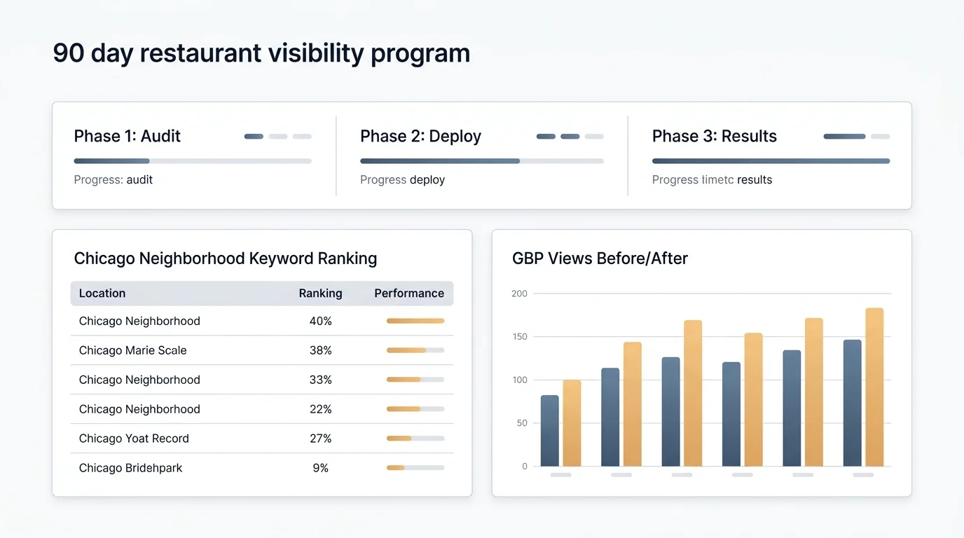 90-day restaurant visibility program dashboard with Chicago neighborhood keyword rankings and GBP before/after chart