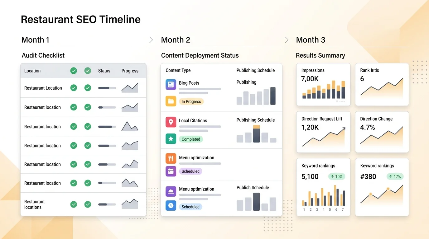 90-day restaurant SEO program timeline showing audit, content deployment, and results report phases