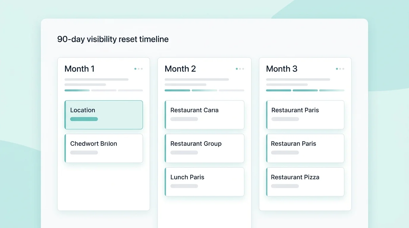 Three-phase 90-day restaurant visibility reset timeline with location progress cards