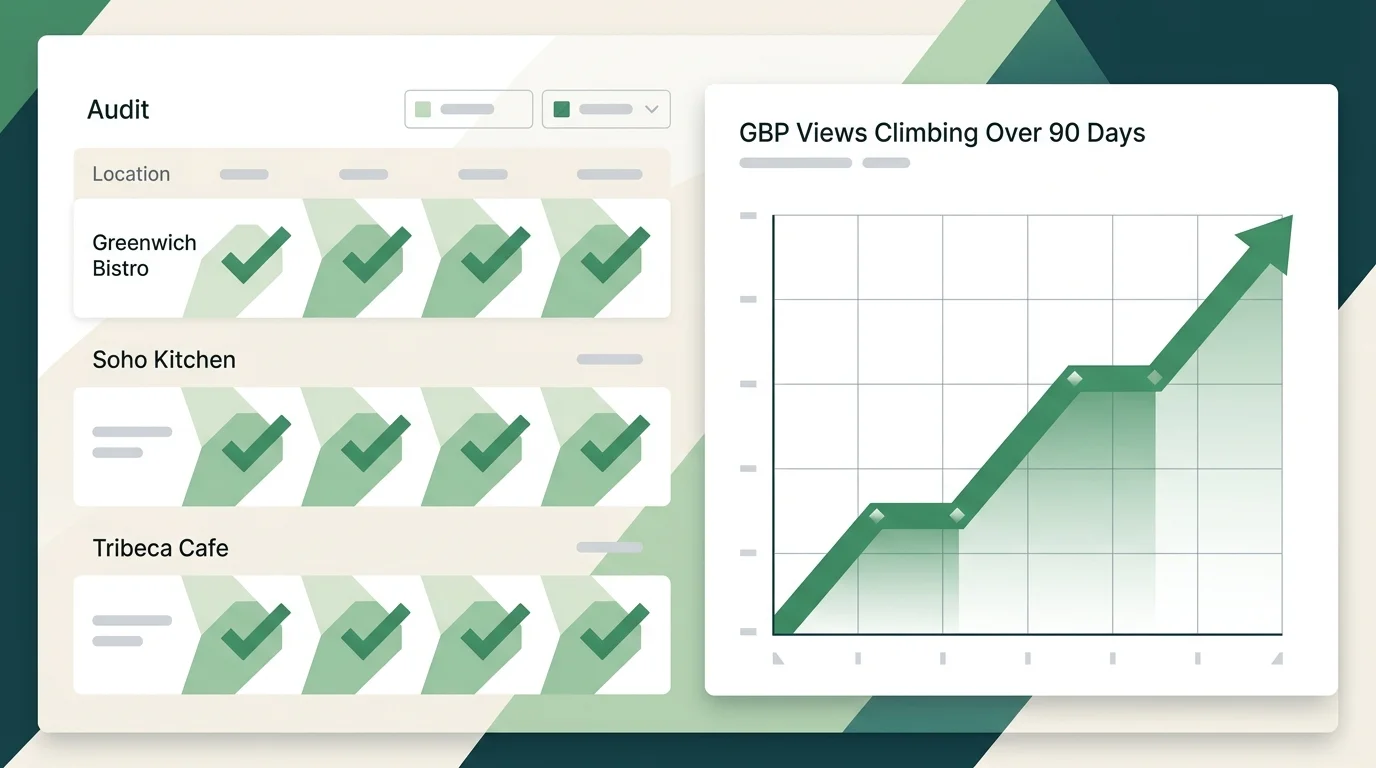 90-day GBP audit and local content workflow dashboard for a restaurant group