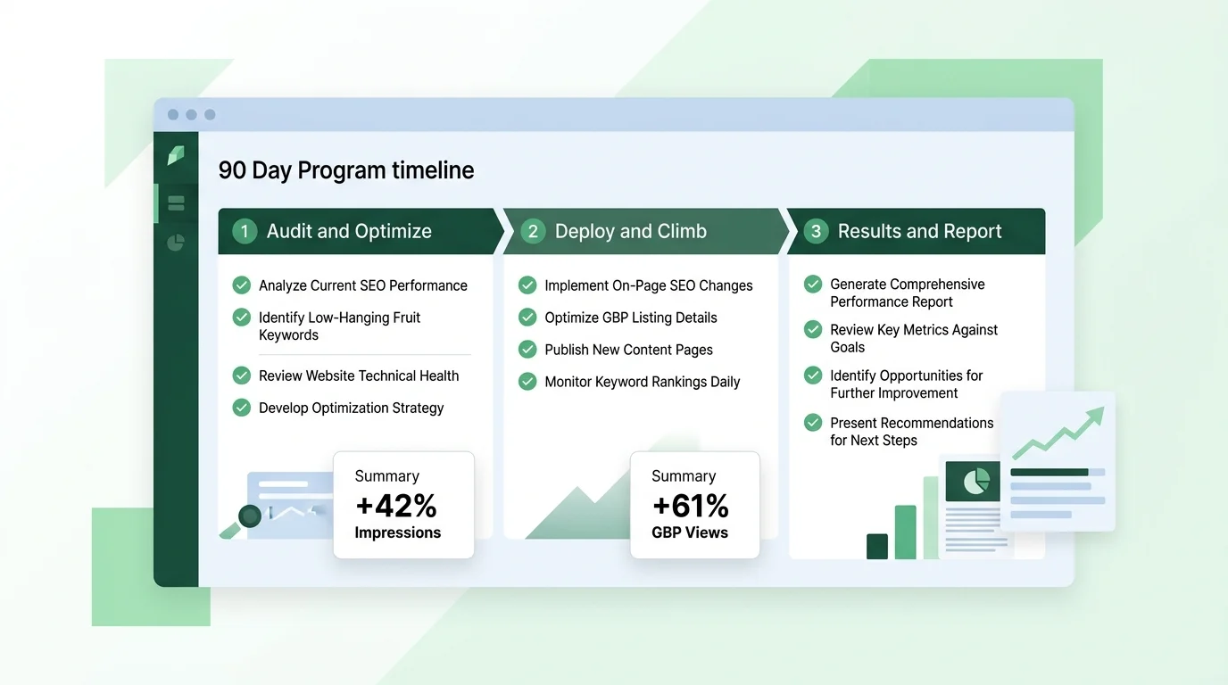 90-day restaurant visibility program timeline dashboard with phase checklists and results summary