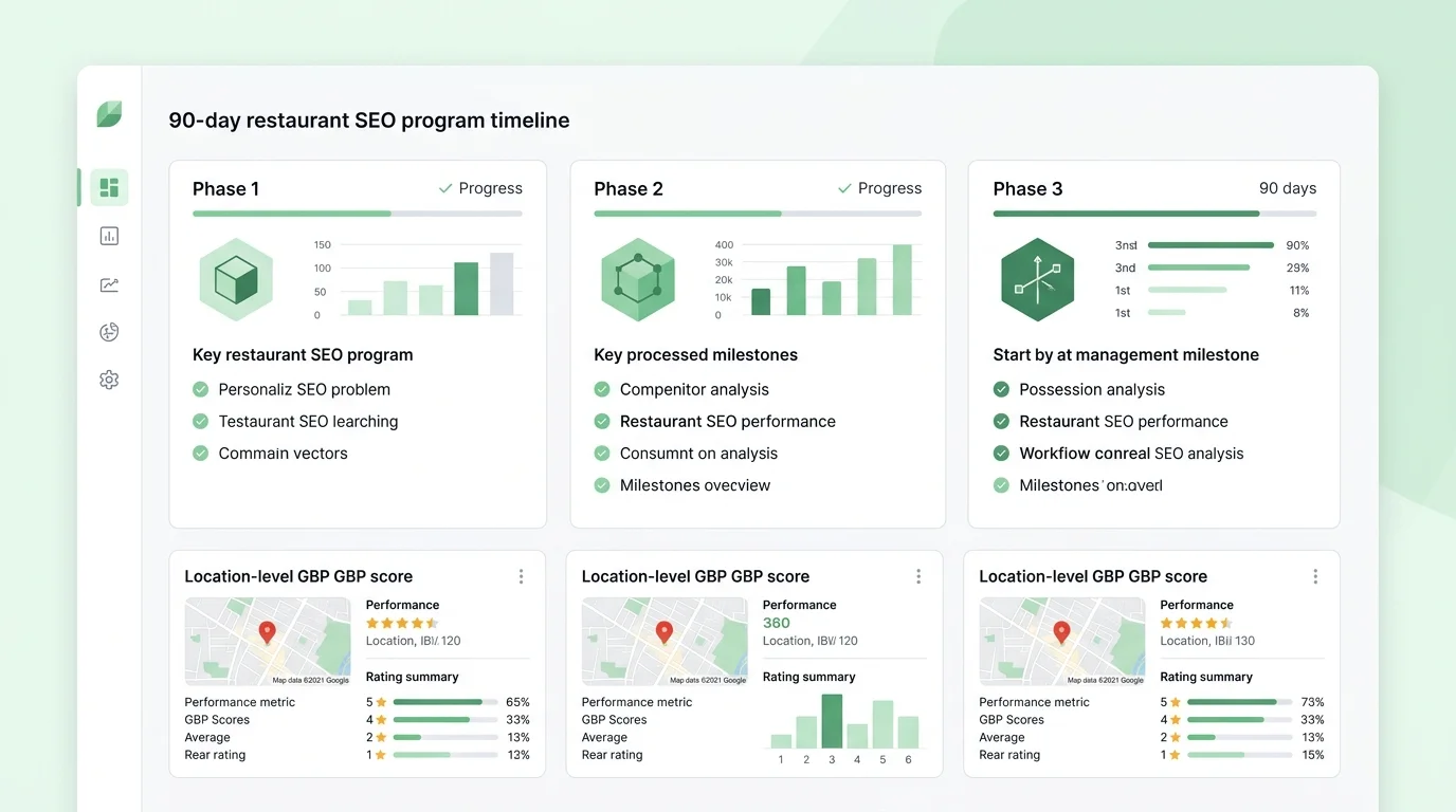 90-day restaurant SEO program timeline dashboard with location GBP score cards