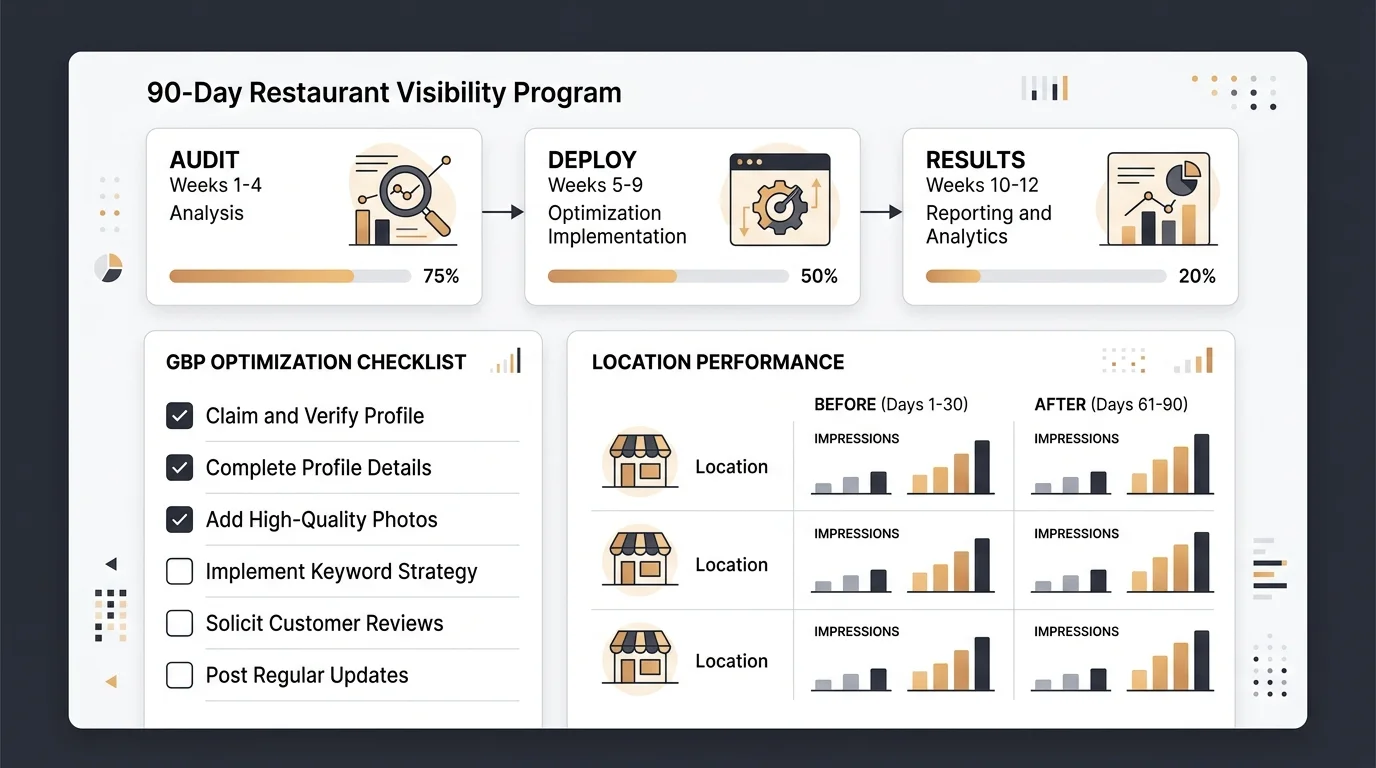 90-day restaurant visibility program dashboard with GBP optimization checklist and location performance grid