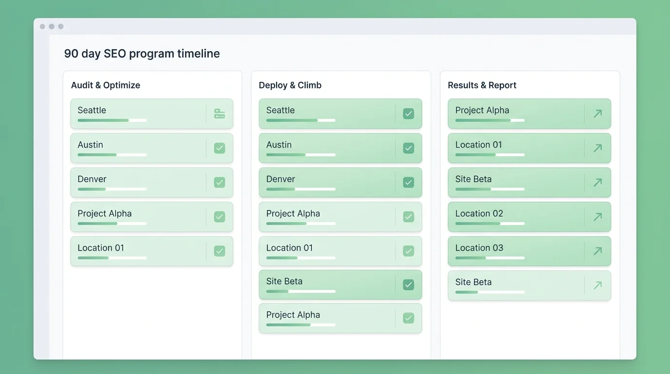 90-day local search program dashboard for restaurant groups