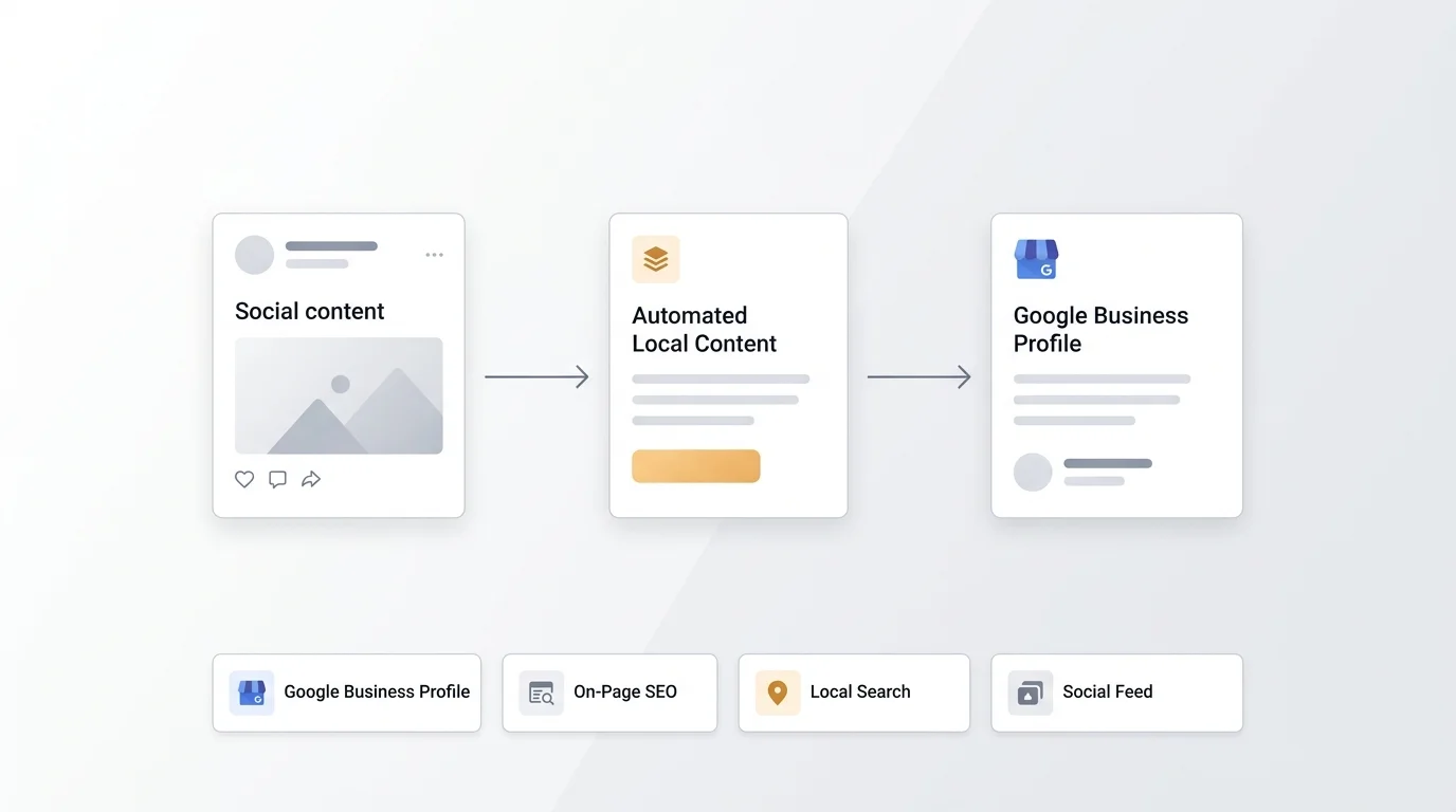 A workflow diagram showing how existing social content flows into automated local content and then into Google Business Profile optimization across restaurant locations.