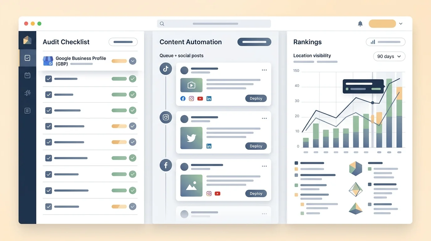 90-day local visibility program workflow showing GBP audit, content automation, and rankings tracking