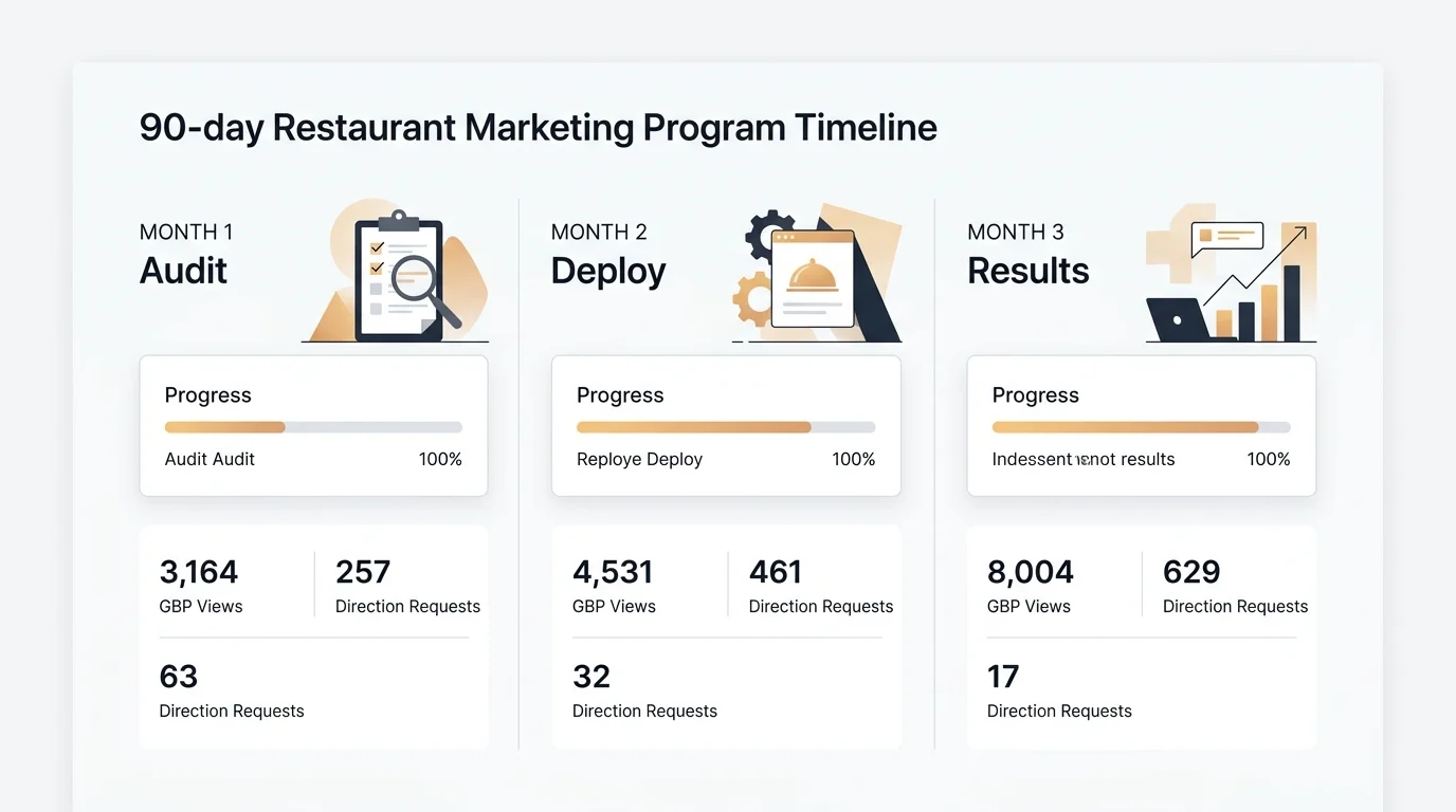 90-day restaurant group marketing program timeline dashboard