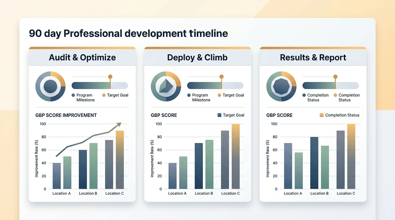 90-day restaurant visibility reset timeline with GBP score improvements per location