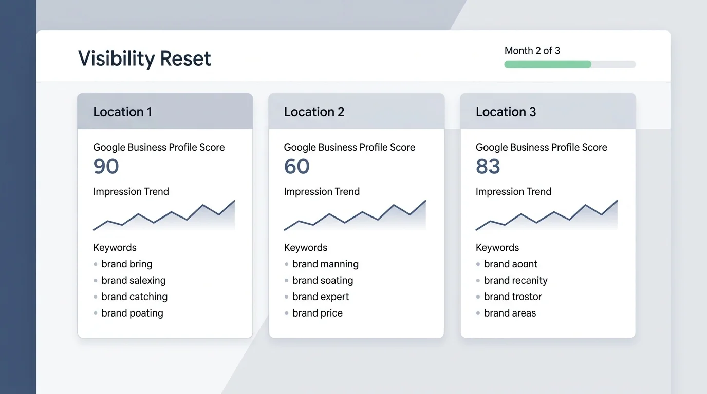 restaurant local SEO dashboard showing GBP optimization across multiple locations