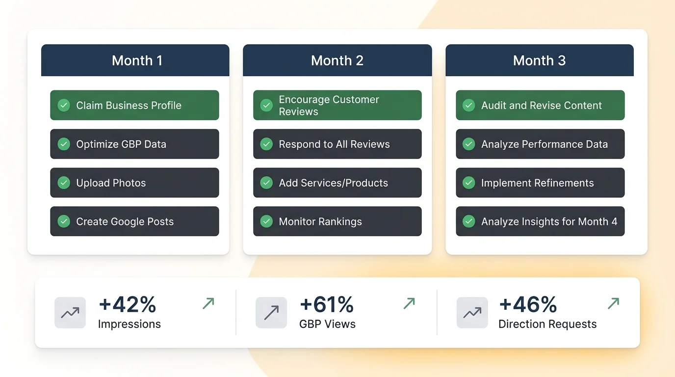 90-day restaurant visibility reset timeline with GBP metrics and location progress cards
