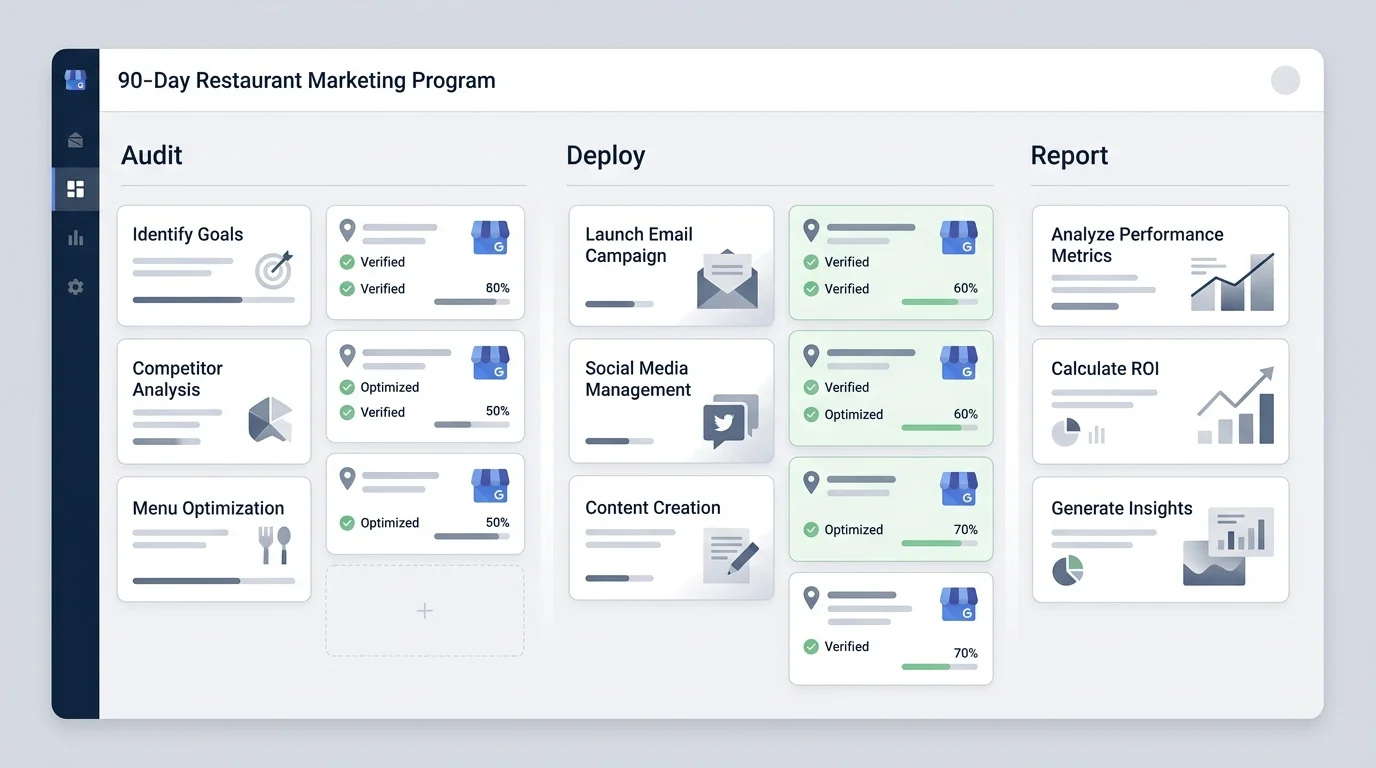 Three-phase restaurant marketing program dashboard showing audit, deploy, and report columns with location cards and GBP status indicators