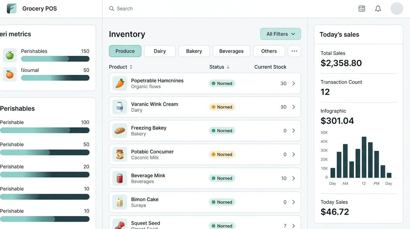 Grocery POS software screen showing inventory list and daily sales panel