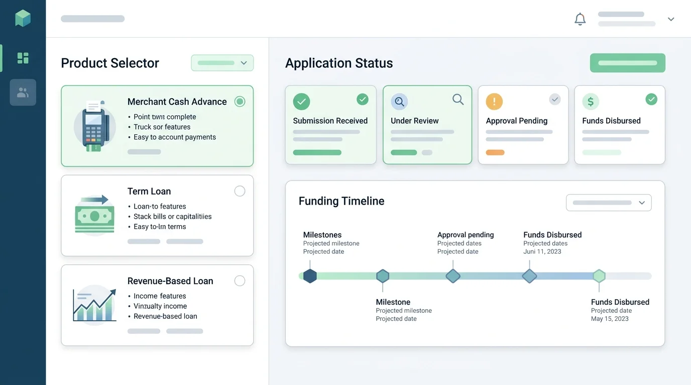 business loan product selector screen showing MCA and term loan options
