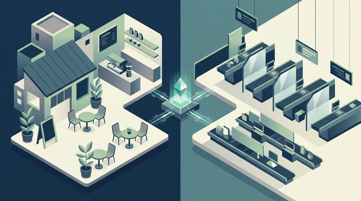 Side by side visual of POS environments for independent restaurants and large retail chains