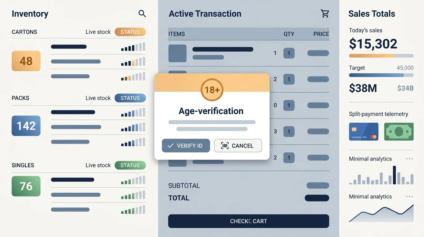Korona POS smoke shop screen showing age verification modal and multi-level tobacco inventory panel